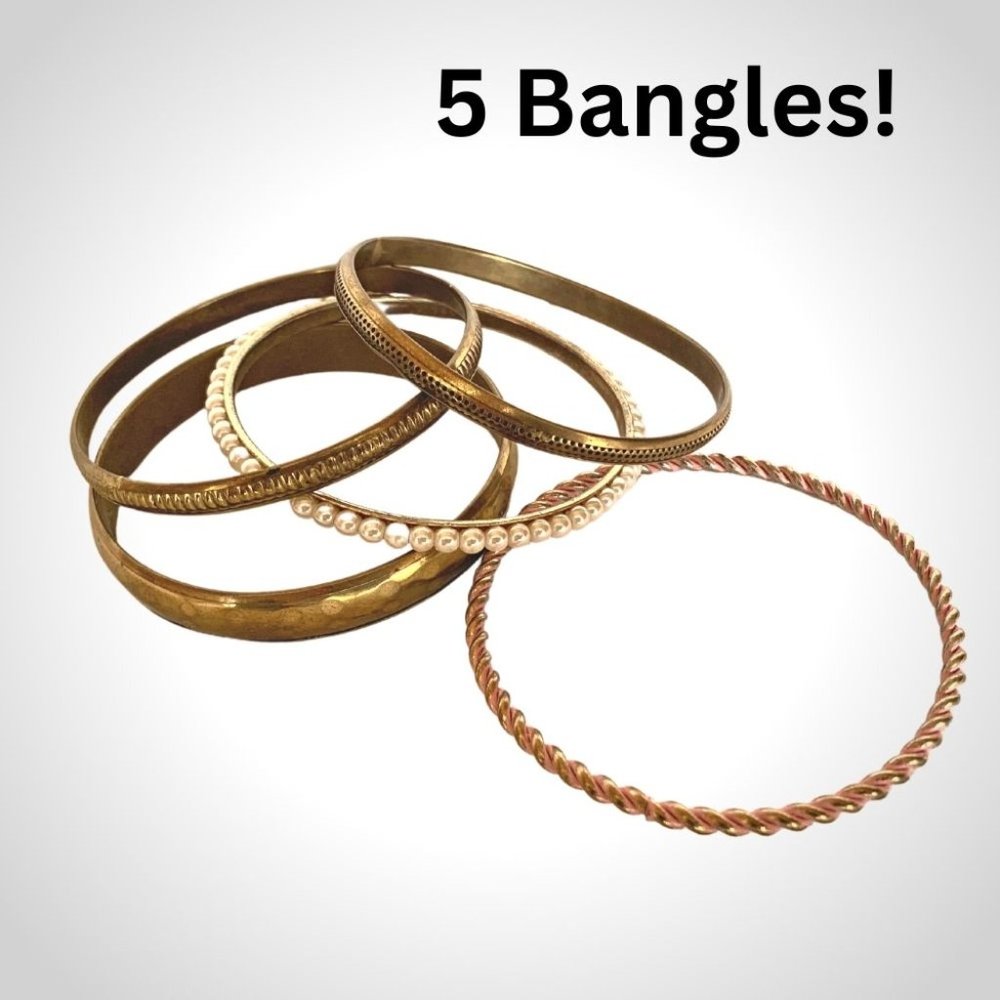 5 Decorative Bracelet / Bangles Bronze Tone - Pearls 2 3/4" Inside Diameter